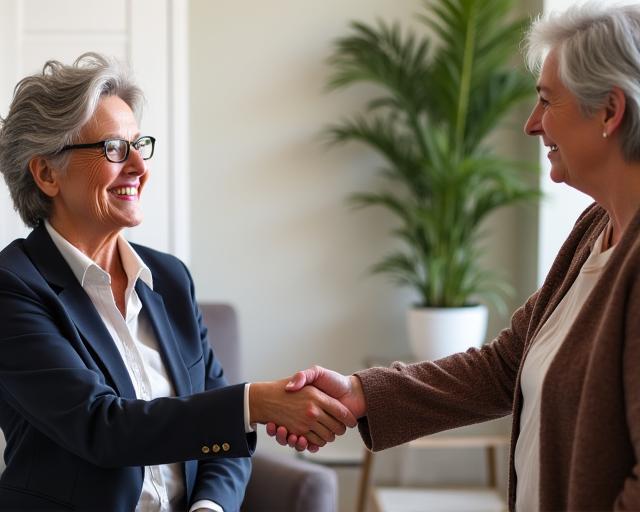 A compassionate Elderhaven Pillars consultant warmly shaking hands with an elderly client.