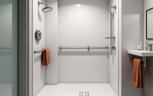 A modern, accessible bathroom with a walk-in shower and grab rails.